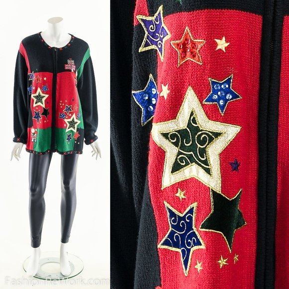 Ugly Christmas Sweater,Metallic Star Sweater,Tacky Christmas Sweatshirt,Festive - Picture 1 of 8